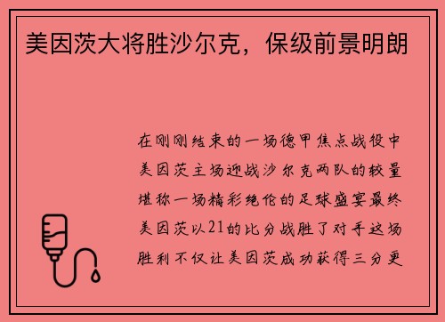 美因茨大将胜沙尔克，保级前景明朗