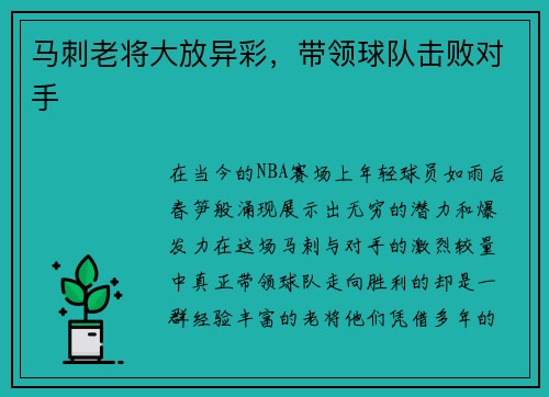 马刺老将大放异彩，带领球队击败对手